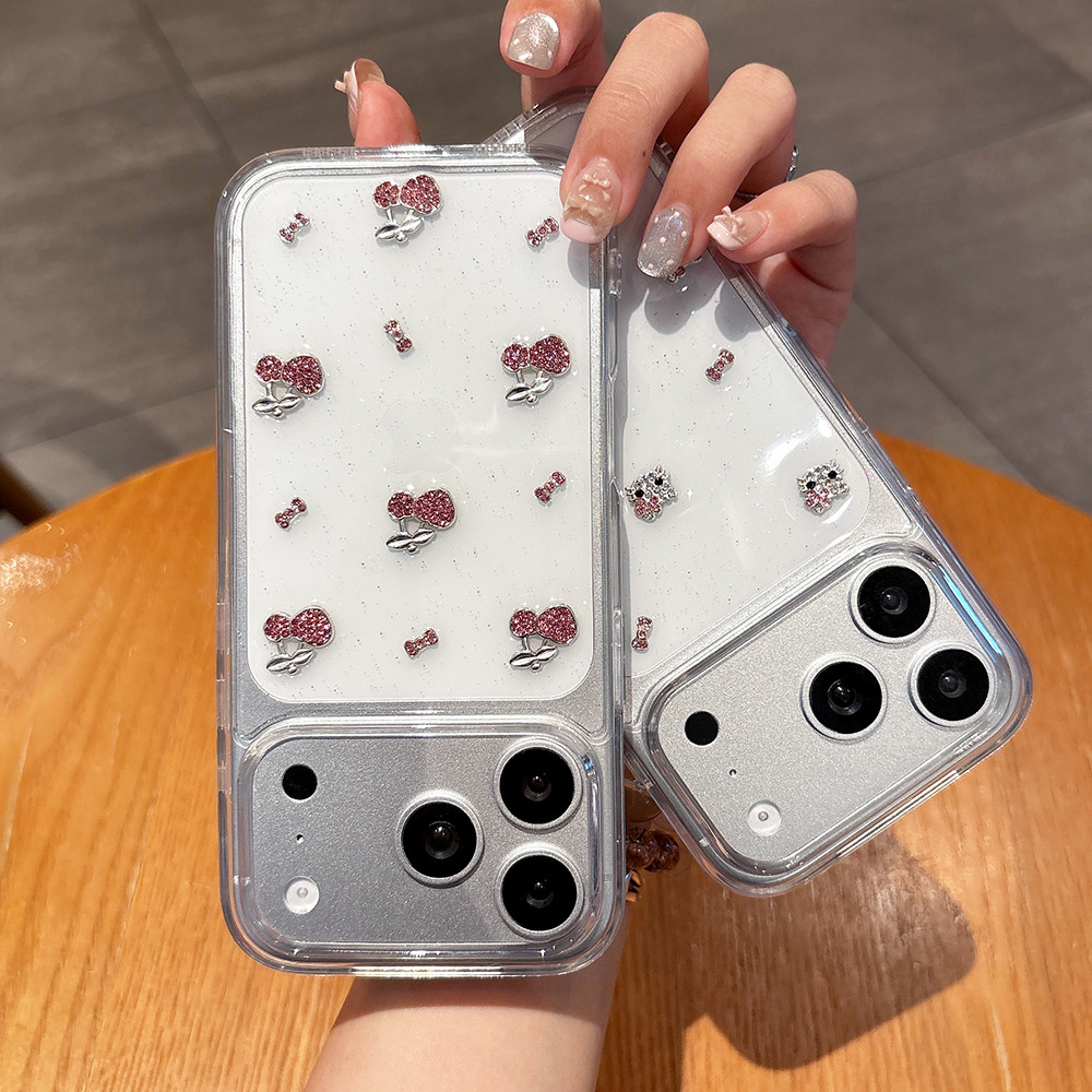 Ốp Điện Thoại Nhựa Cherry Cat 3D Kim Cương Cho iPhone 17 Pro Max 17 Air 16 Plus 15 14 13 12 11 Vỏ Bảo Vệ Chống Sốc