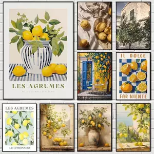 Retro Lemon Garden Canvas Poster Tươi Cây Ô Liu Nghệ Thuật Treo Tường In Hình Cho Phòng Khách Hiện Đại Văn Phòng & Mùa Hè Trang Trí Nhà Quà Tặng Tranh Vải