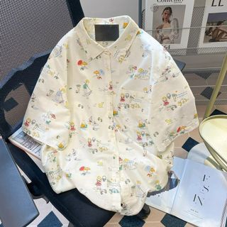 Áo sơ mi tay ngắn họa tiết hoạt hình xinh xắn, phong cách preppy phù hợp cả mùa hè và mùa thu