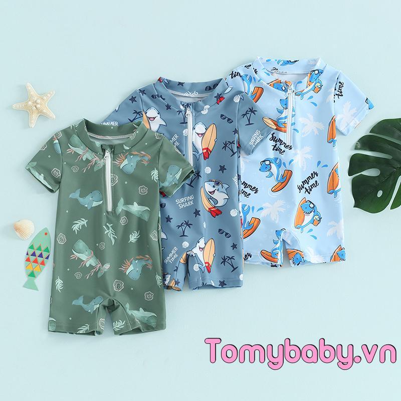 Trẻ mới biết đi Bé trai Rash Guard Đồ bơi Hoạt hình Marine Life In tay ngắn Dây kéo phía trước Bộ đồ tắm