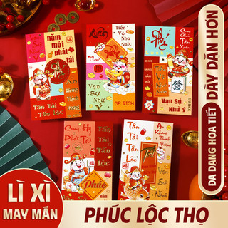 Bao lì xì năm mới thiết kế vui nhộn, họa tiết vật phẩm tài lộc truyền thống, set 36 bao lì xì đầy ý nghĩa