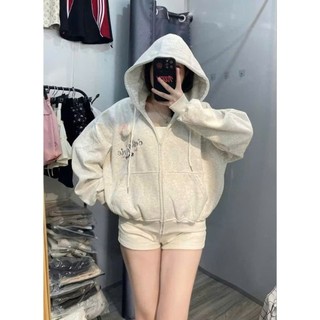 Áo hoodie zip nỉ xám form rộng có mũ unisex thêu chữ C’est La Vie mặc thu đông siêu xinh