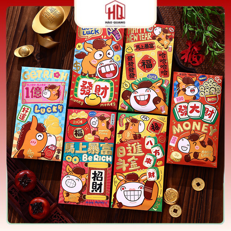 Bao Lì Xì Tết Bính Ngọ 2026 – Hình Ngựa May Mắn – Phát Tài Phát Lộc – Giấy Dày Cao Cấp – Set 6 Bao