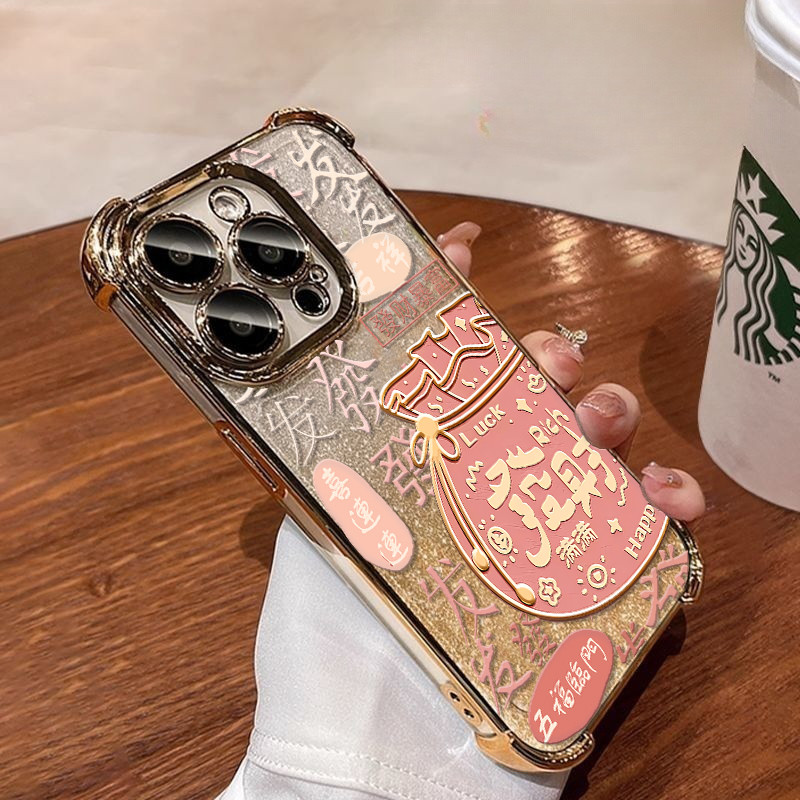 Túi đựng tiền may mắn năm mới Vỏ cây vàng cho IPhone 17 Air 16 13 Pro Max 6 7 8 Plus X XR XS Max 16E Vỏ mạ mềm trong suốt