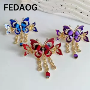 FEDAOG Kẹp Tóc Bướm Kim Cương Giả, Trang Trí Tua Rua Thiết Kế Thanh Lịch Kẹp Tóc Tua Rua Bướm, Thời Trang Phong Cách Dân Tộc Kích Thước Nhỏ Kẹp Tóc Bướm Mũ Nữ