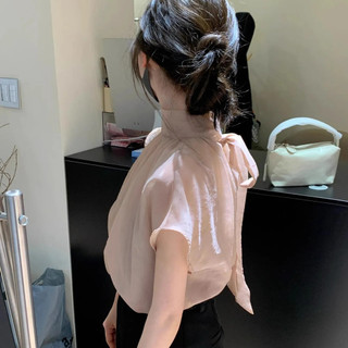 Áo sơ mi tay ngắn kaki voan phong cách Hàn Quốc, thiết kế nơ ruy băng, phù hợp mùa hè