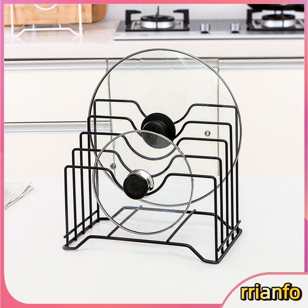 Rrianfo Chopping Board Storage Rack Iron 4 Slots Integrated Pot Lid Holder for Kitchen Countertop