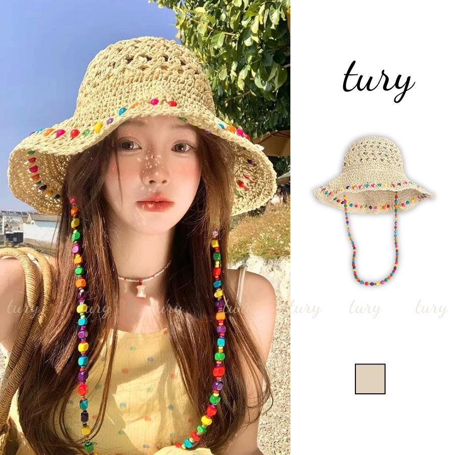 Nón Cói Nữ - Tury - Mũ Cói Mềm Phối Hạt Màu Và Dây Hạt - NC106