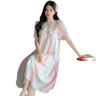 Đầm ngủ mùa hè màu trơn phối ren nơ lưới phong cách công chúa, dài vừa phải mặc nhà dành cho nữ