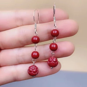 Bông tai hoa sen Cinnabar nguyên chất Phong cách đơn giản thời trang