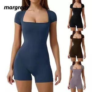 Áo liền quần tập yoga Margredy màu trơn ngắn tay, cổ vuông có độ đàn hồi, phù hợp nữ