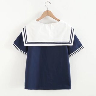 Áo sơ mi nữ cotton ngắn tay, cổ hải quân, họa tiết sọc ngọt ngào
