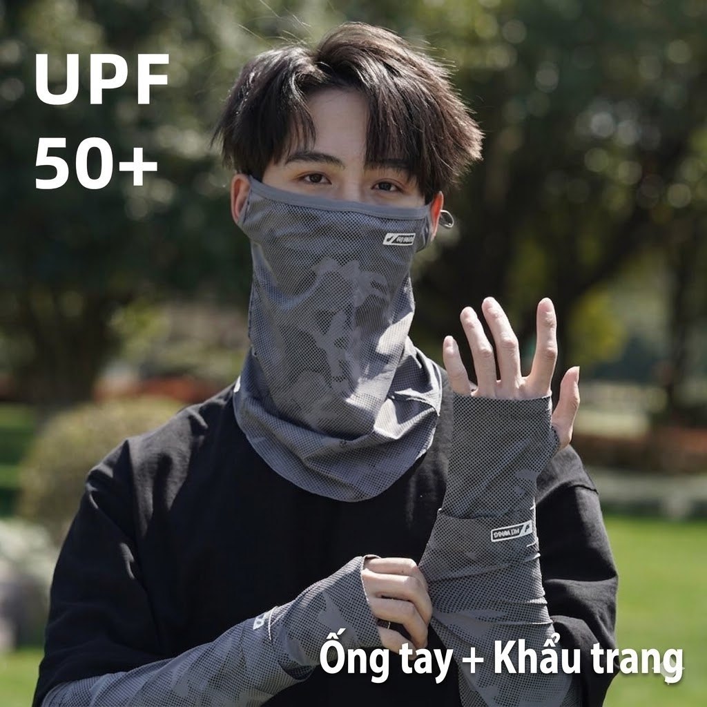 【Nam】Ống tay + Khẩu trang chống nắng: UPF50+, rằn ri!