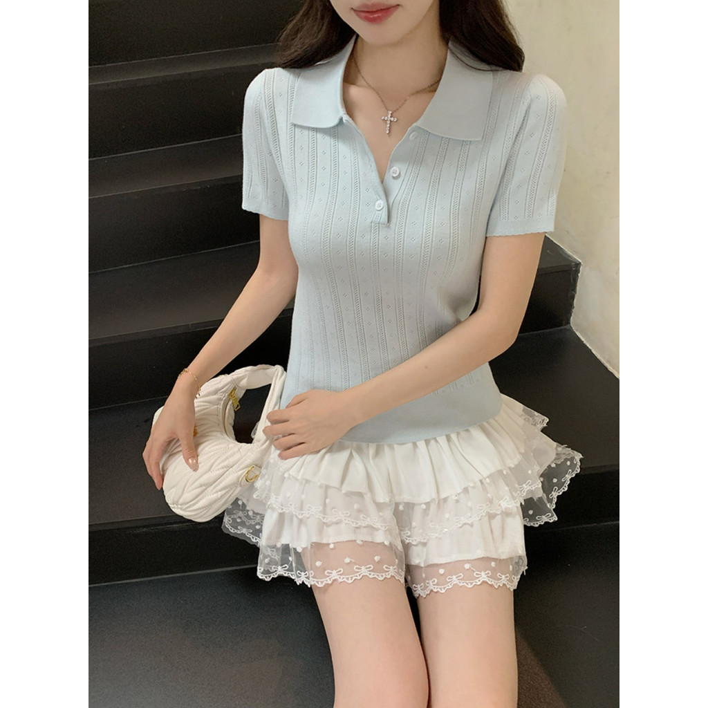 SUXI Áo thun ngắn tay cổ Polo dệt kim nhẹ nhàng dành cho nữ 260410