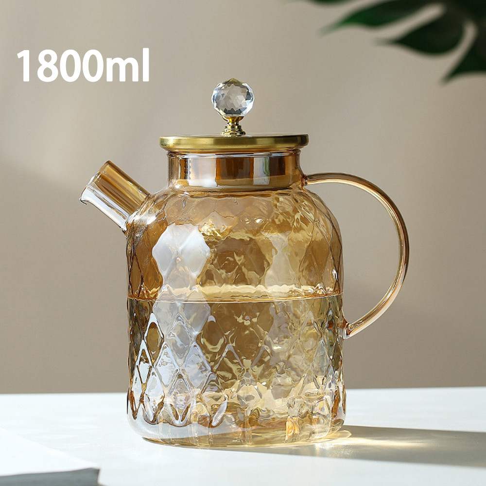 Ấm Trà Thủy Tinh Borosilicate Hổ Phách 1L / 1.8L - Chịu Nhiệt & Lạnh Có Nắp Lọc Cho Trà Trái Cây nở