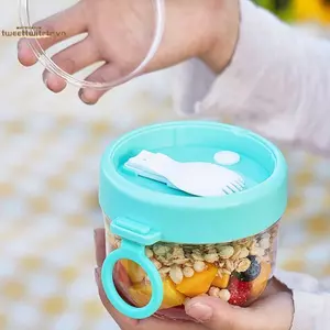 TRTR Hộp đựng yến mạch qua đêm Hộp đựng bột yến mạch di động có nắp và thìa 600ml Hộp đựng đồ ăn có thể tái sử dụng VN
