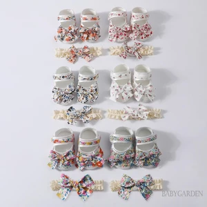 Bé Gái Floral Mary Jane Flats Giày Đi Bộ Nơ Dễ Thương Chống Trơn Trượt Có Băng Đô