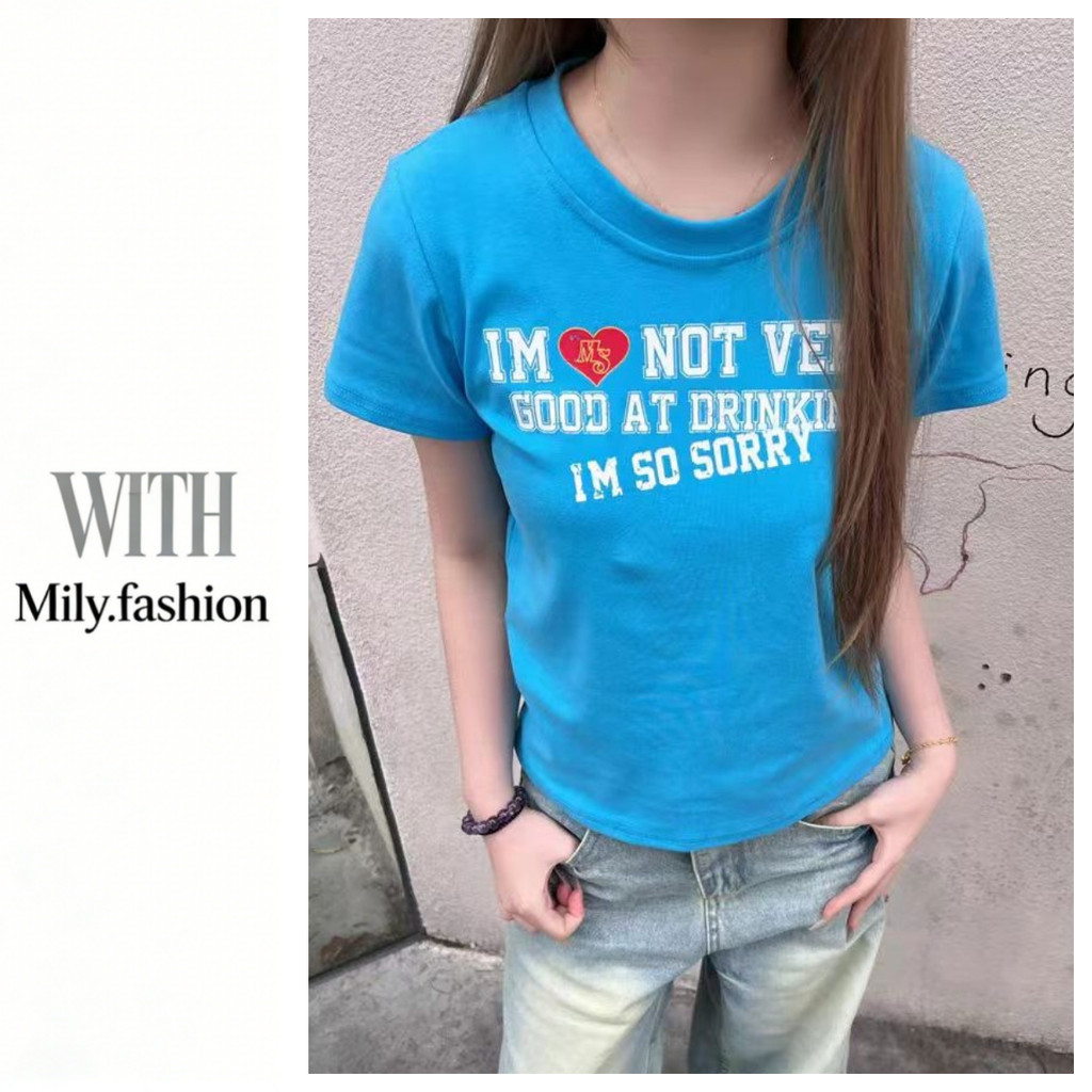 Milyfashion Áo thun Cotton Retro In Chữ Tay Ngắn Màu Xanh Hồ Nước Phong Cách Casual