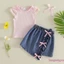 Trang phục mùa hè 2 mảnh dành cho bé gái mới biết đi Áo có gân tay bay + Váy Denim xù có nơ
