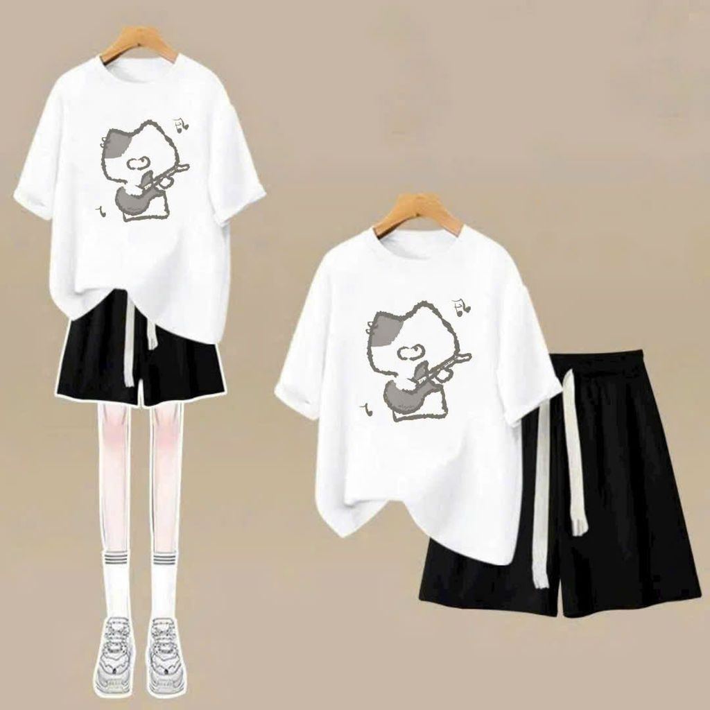 sét bộ quần đùi cộc dây to trơn+mix áo phông form rộng in hình mèo đánh đàn-SHOP THỜI TRANG THU BIO