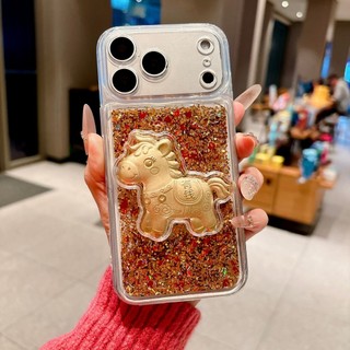 Có Tiền 3D Ngựa Vàng Túi May Mắn Lấp Lánh Quicksand Sequin Ốp Lưng Điện Thoại iPhone 17Promax 17Pro 12 13 14 15 16 Pro Max 11 15Plus Mềm Trong Suốt Nữ Vỏ Di Động