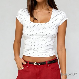 Áo thuncrop top nữ in chấm bi, slim fit, cap tay, cổ vuông - Phù hợp dạo phố mùa hè