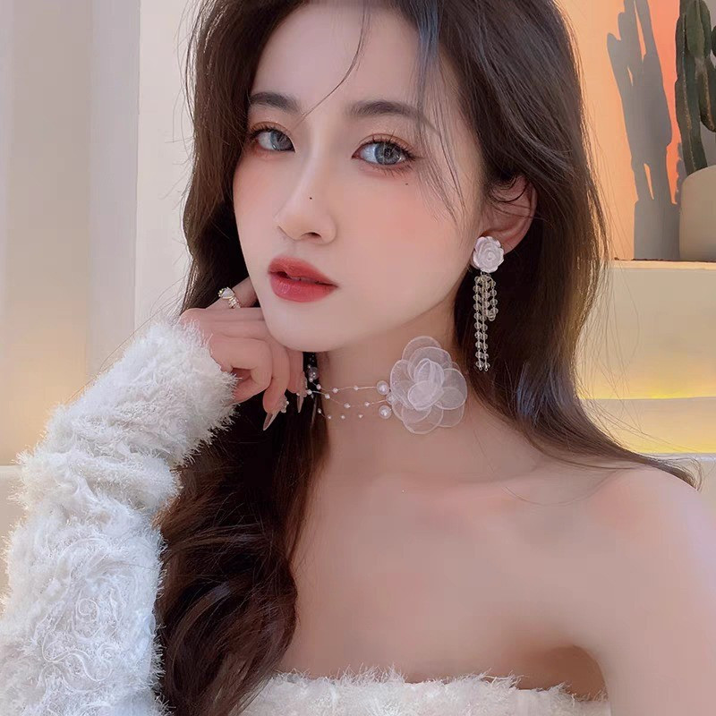 Ngọt Ngào Nhiều Lớp Lưới Camellia Vòng Cổ Ngọc Trai Thời Trang Đính Hạt Xương Đòn Dây Chuyền Cho Bé Gái