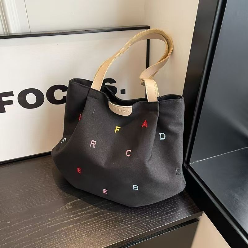 Jfory Túi vải canvas dung tích lớn mới có chữ thêu, túi tote đeo vai tươi tắn và sành điệu.