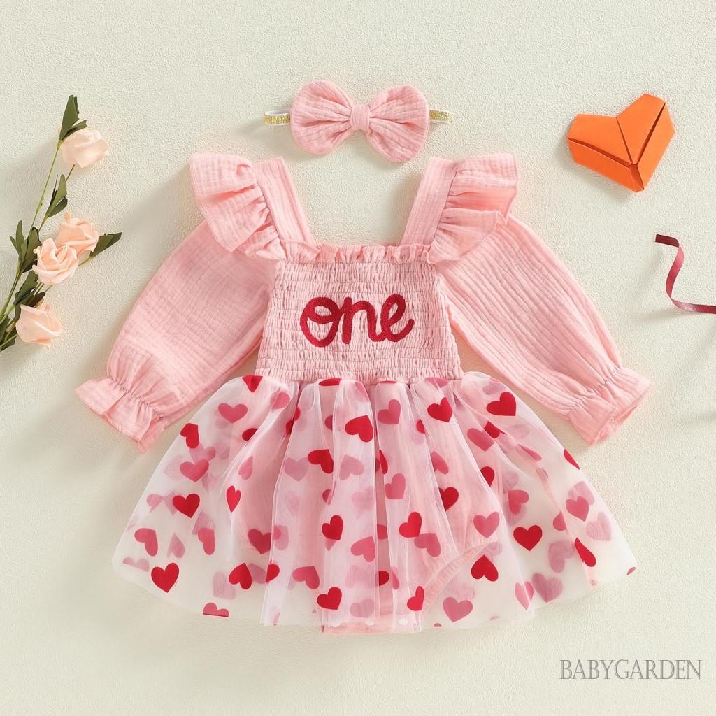 Bé Sơ Sinh Trang Phục Bé Gái Tay Dài Cổ Vuông Trái Tim Chữ A Áo Liền Quần Có Nơ Băng Đô Ngày Lễ Tình Nhân Quần Áo