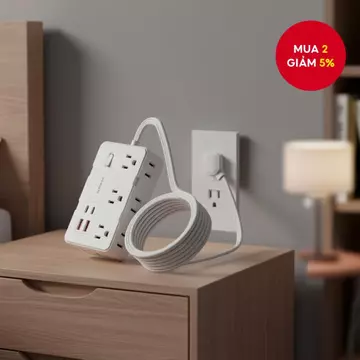 Ổ cắm điện 10-trong-1 với bảo vệ chống sét, bộ chuyển đổi 5ft, 6 ổ cắm rộng, 4 cổng USB (2 USB C) để sạc.
