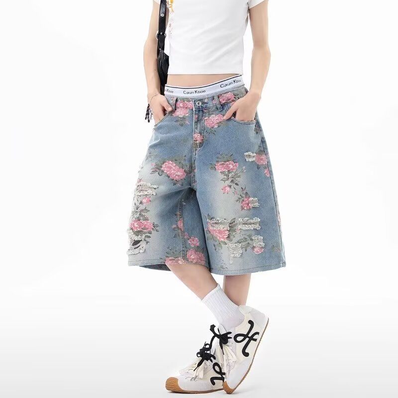 Quần short CN Denim Quần short thẳng lỗ rộng của Mỹ