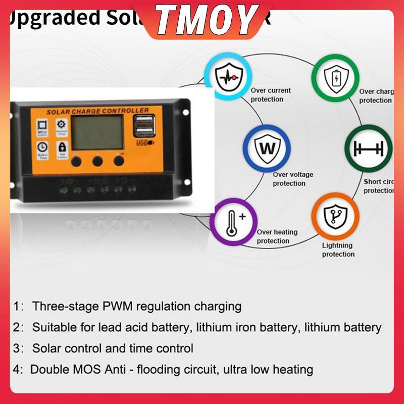 TMOY LCD Bộ điều khiển năng lượng mặt trời 12V / 24V 30A 20A 10A Bộ điều chỉnh sạc năng lượng mặt trời Bộ sạc pin PWM Màn hình LCD USB kép 5V 2.5A Đầu ra MOS TMOY