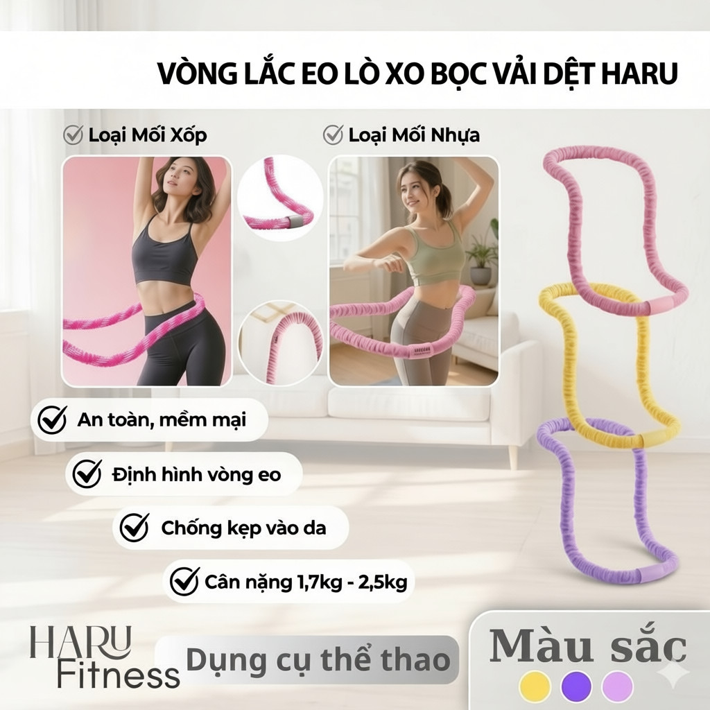 Vòng Lắc Eo Lò Xo Bản Xịn Bọc Vải Dệt - Giảm Calo Hiệu Quả, Eo Thon, Chuyên Dụng 1.7kg/2.3kg HR83