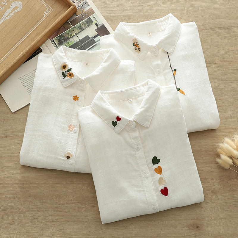 Sợi cotton áo sơ mi nữ cao cấp năm 2026, thiết kế hình trái tim thêu tay dài, phù hợp mọi kích thước