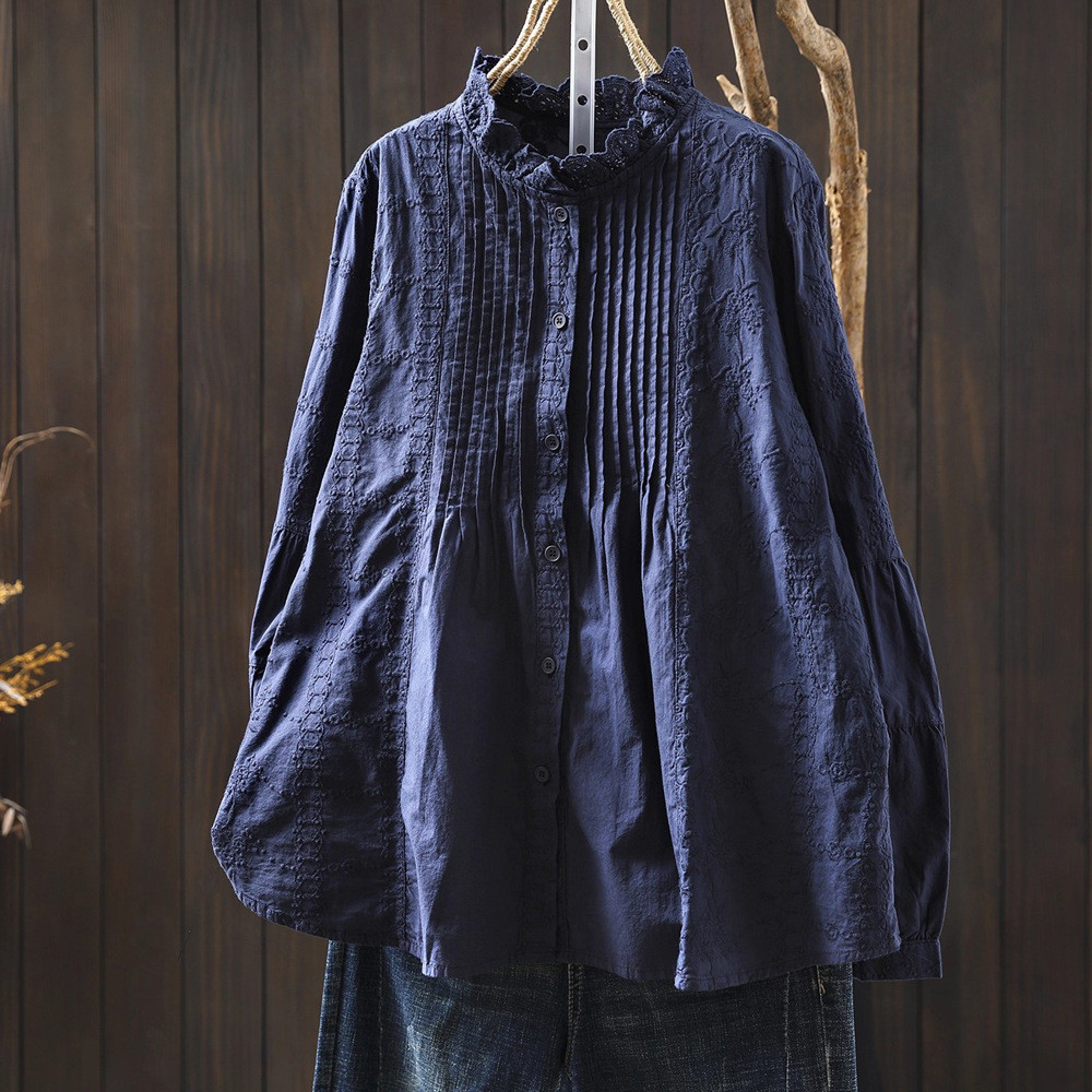 Áo sơ mi nữ Standing Collar màu be và xanh, ren thêu, họa tiết xếp ly từ nhãn hiệu uy tín, made from pure cotton