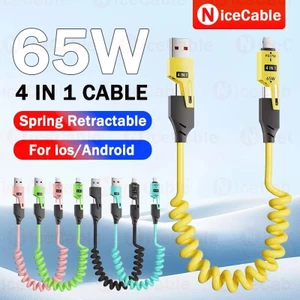 Dây sạc xe hơi bằng kính thiên văn lò xo cuộn 65W 4 IN 1 USB / Type C sang Type C / ios Cáp sạc nhanh cho điện thoại / máy tính bảng