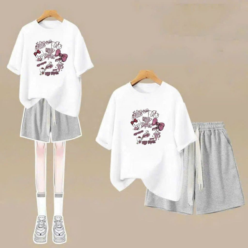 sét bộ quần đùi cộc dây to trơn+mix áo phông form rộng in hình mèo cute-chang3158