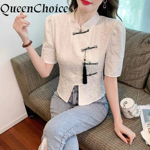 Áo sơ mi nữ cổ điển tay ngắn màu trắng trơn, style Trung Quốc