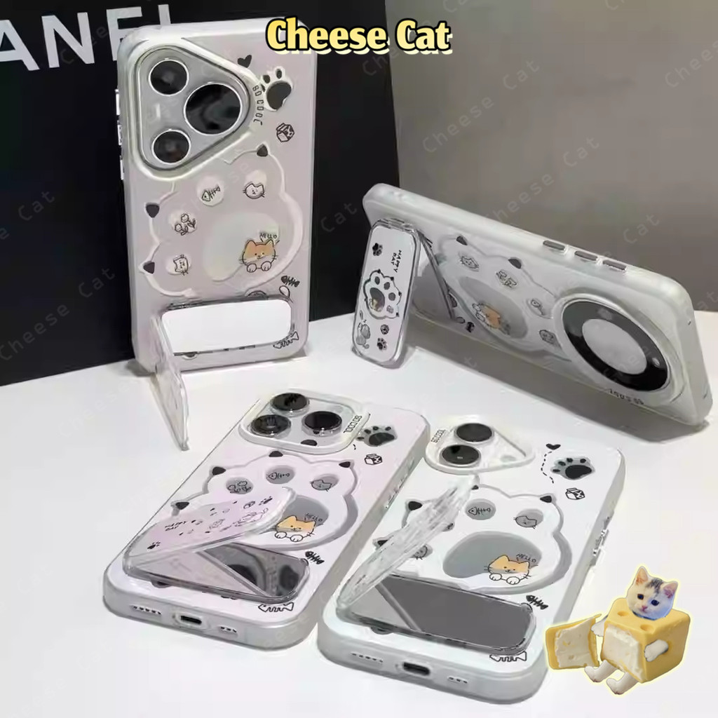 Móng Vuốt Mèo Trắng Hồng Cho iPhone 13 14 15 12 11 16 17 Pro Max 16E Xs Max XR 7Plus Vỏ Điện Thoại Có Chân Đế Gương