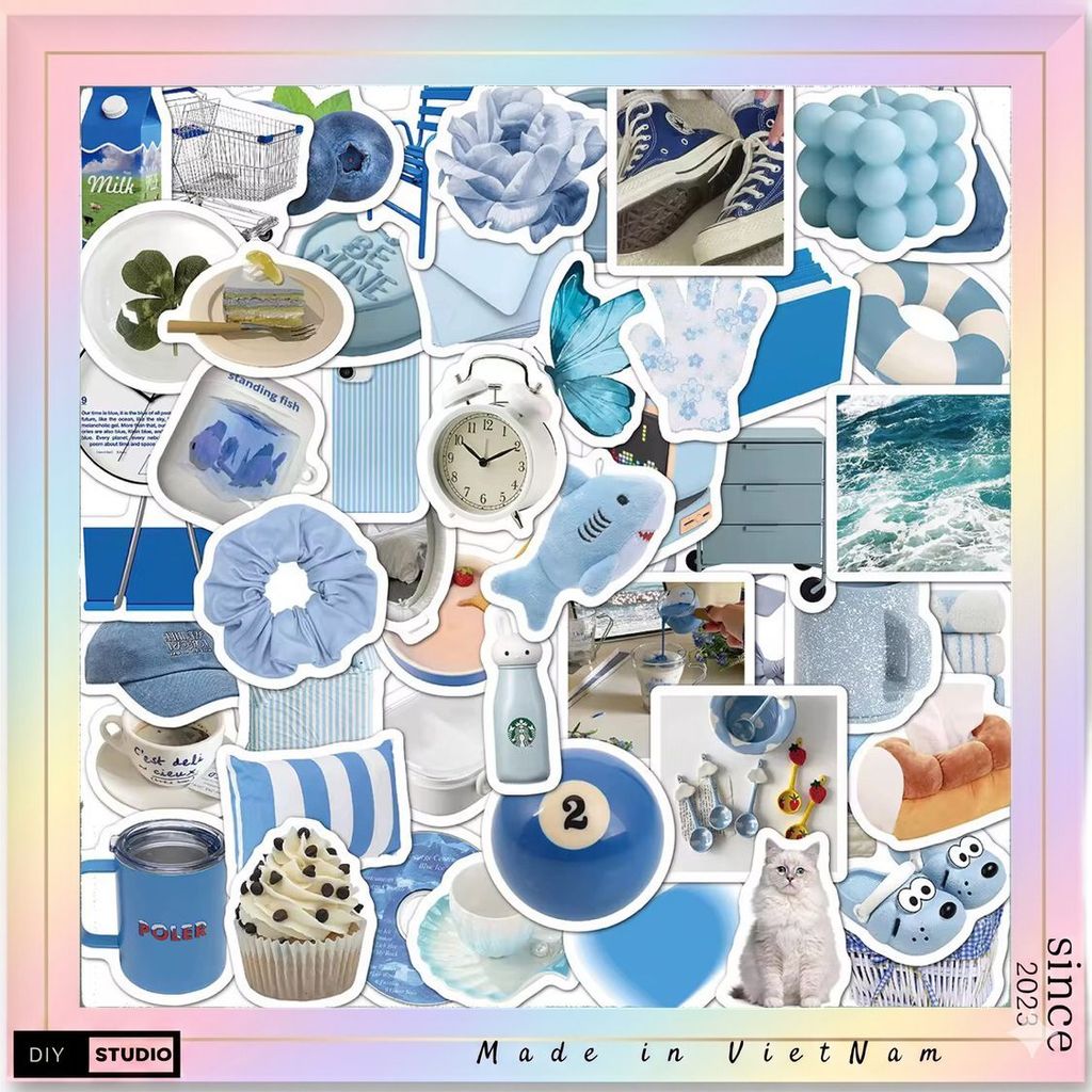 100 sticker tổng hợp vật dụng màu xanh dương trang trí mũ bảo hiểm điện thoại vật dụng cá nhân vali dulịchchống nước tốt