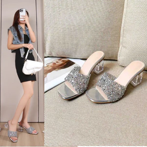 Mặc Ngoài Trời Trong Suốt Gót Dày Gót Mở Ngón Chân Sáng Kim Cương Dép Mùa Hè Phong Cách Mới Giày Nữ YNQ7