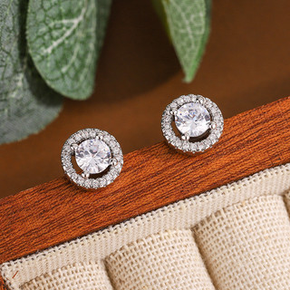 Châu Âu Mỹ ins Phong Cách Mới Tròn 1 Carat Zircon Bông Tai Cặp Đôi