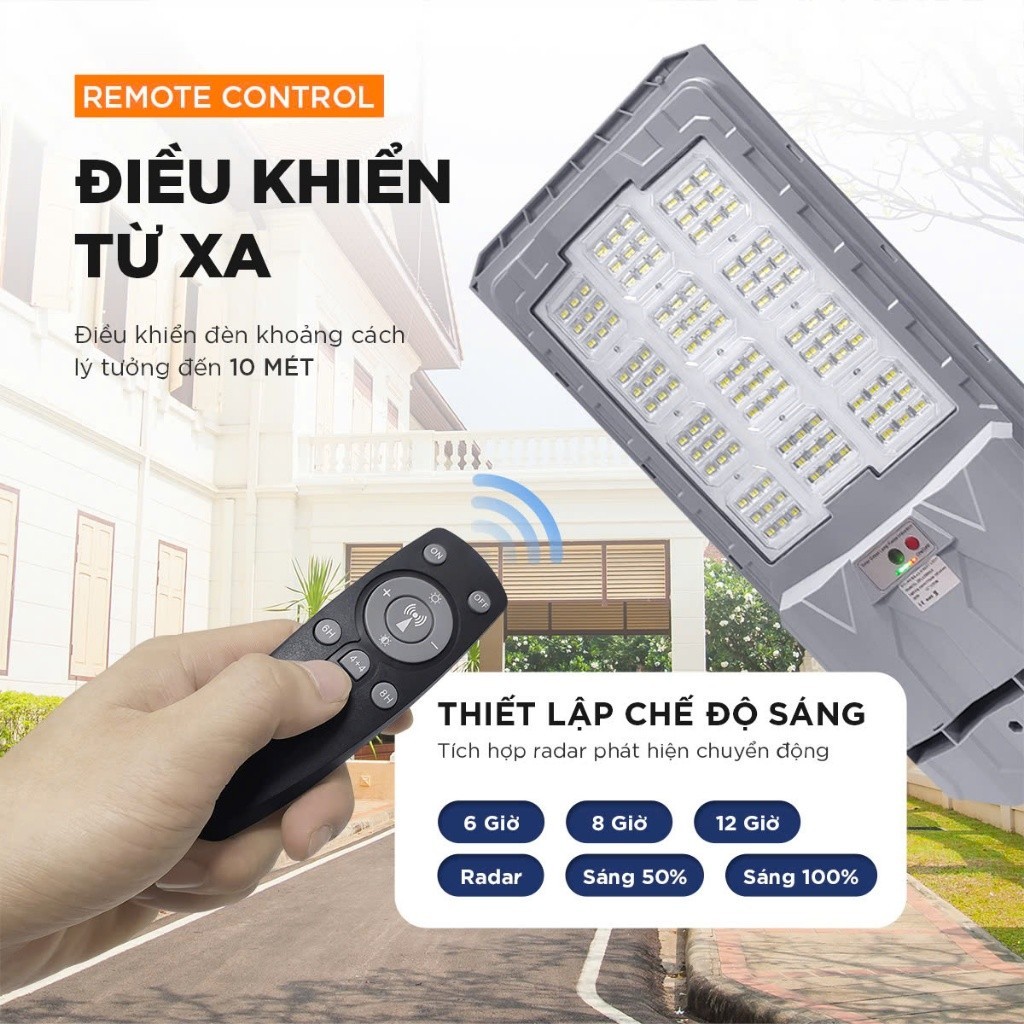 Đèn năng lượng mặt trời liền thể Solar Mỹ Linh 400W, 500W cảm biến chuyển động, điều khiển từ xa