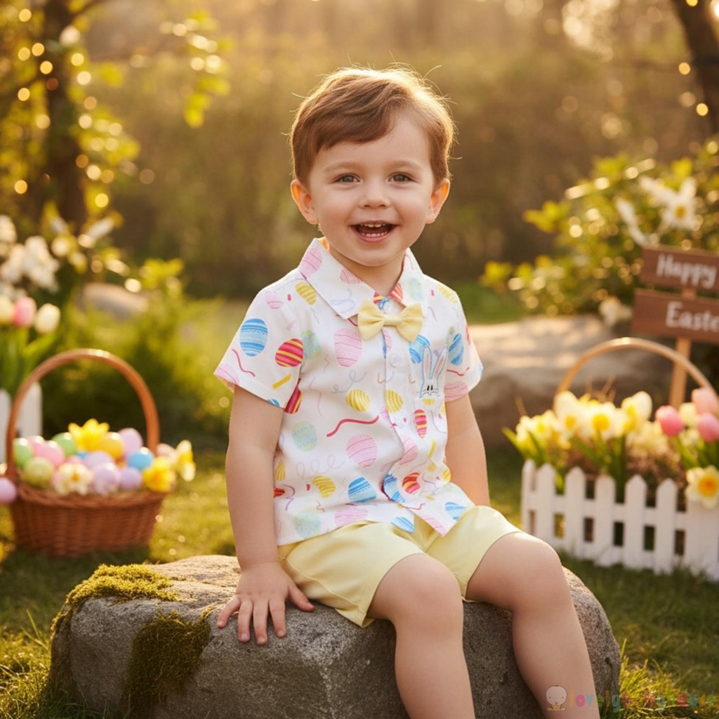 LBH-Toddler Bé Trai Trứng Phục Sinh Họa Tiết Thỏ Nút Xuống Áo Sơ Mi Tay Ngắn Có Quần Short Bộ 2 Chiếc
