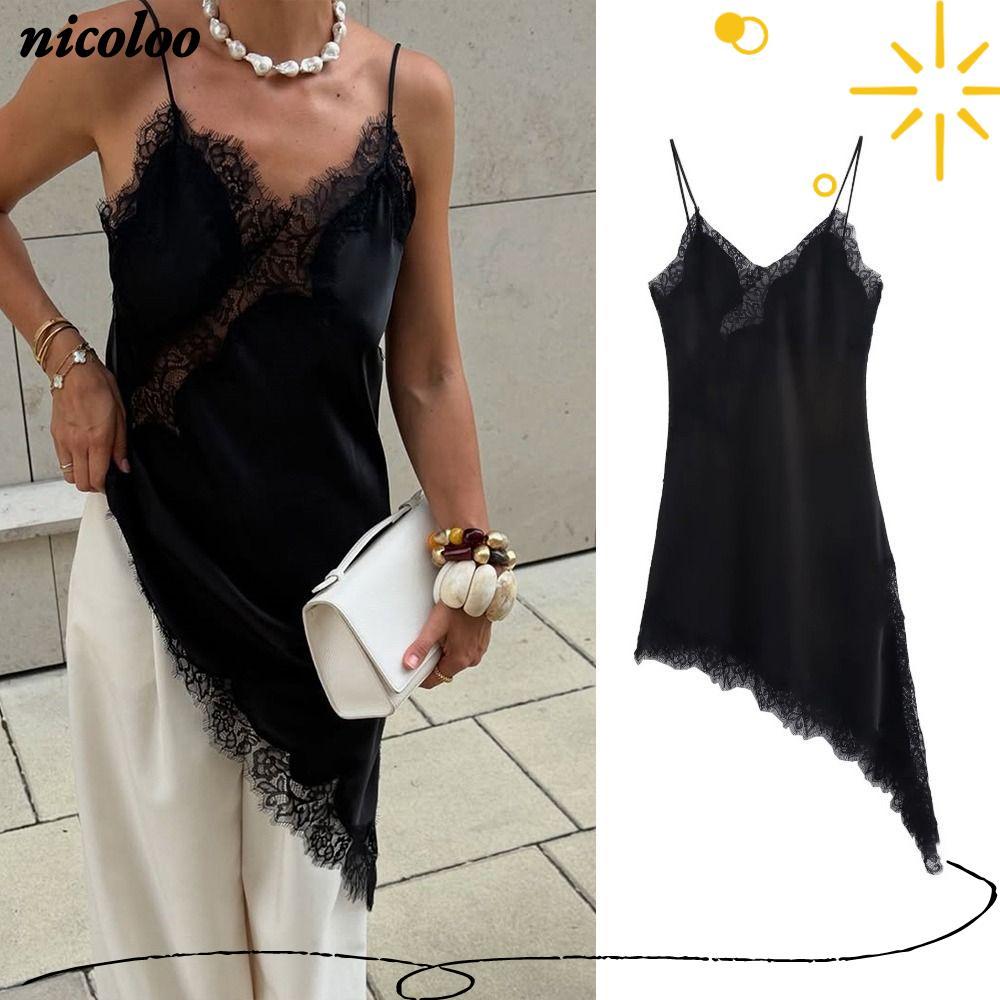Đầm ren nữ NICOLOO, Đầm ren nữ Satin gợi cảm, Đầm dạ hội cổ chữ V bất đối xứng hợp thời trang