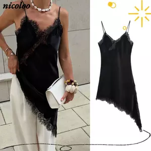Đầm ren nữ NICOLOO, Đầm ren nữ Satin gợi cảm, Đầm dạ hội cổ chữ V bất đối xứng hợp thời trang