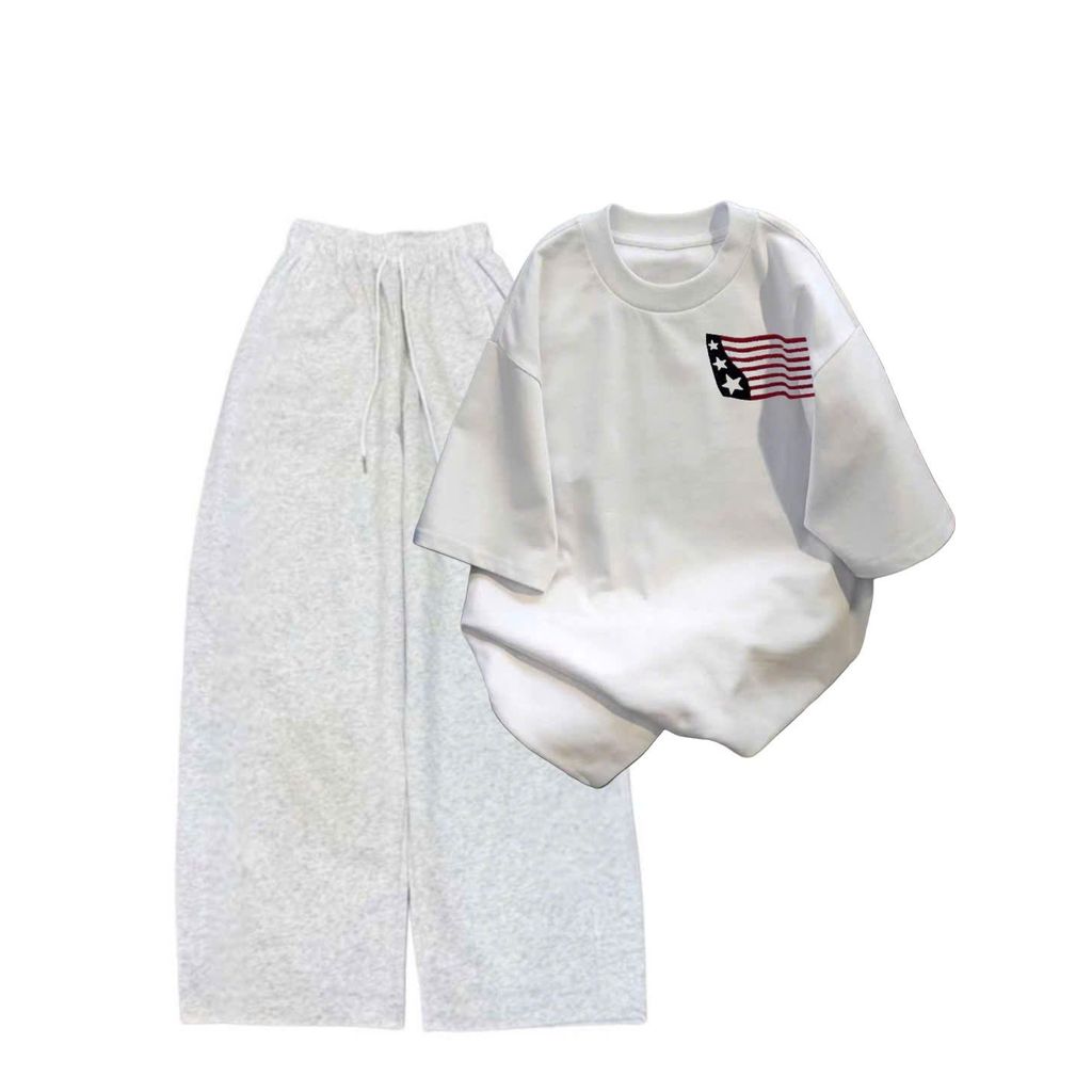 sét bộ quần dài  da cá xám đậm trơn + mix áo phông form rộng lá cờ mỹ chất vải cotton su