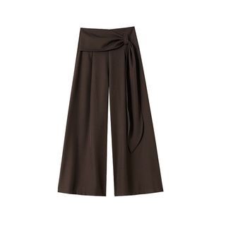 Mẫu quần ống rộng màu cà phê thiết kế thu đông, cảm giác buộc dây cao cấp, dáng ôm phù hợp mặc thường ngày