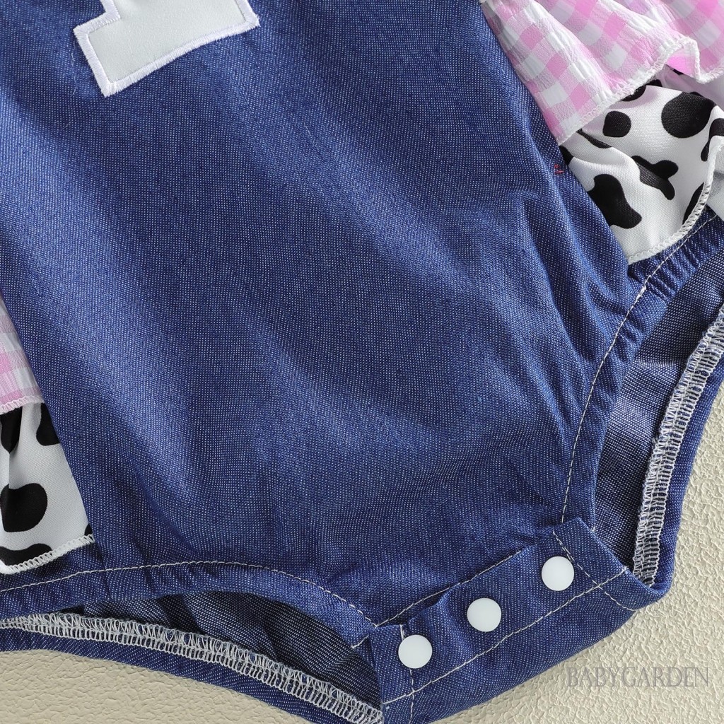 Bé Gái Trang Phục Sinh Nhật Đầu Tiên Tay Bay Đáng Yêu Cổ Vuông Kẻ Sọc Denim Romper Và Băng Đô