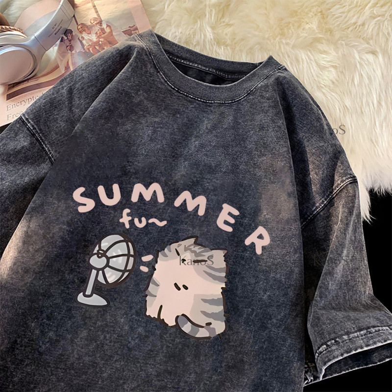 Kanos_shop | áo thun mèo, Hàn quốc dễ thương Cat with a fan print 100% cotton áo sơ mi tay ngắn